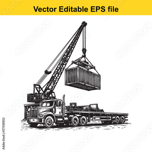 Crane truck lifting shipping container