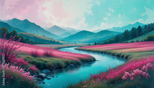 Modern Abstract Landscape: Magenta & Emerald Watercolor Nature Scene