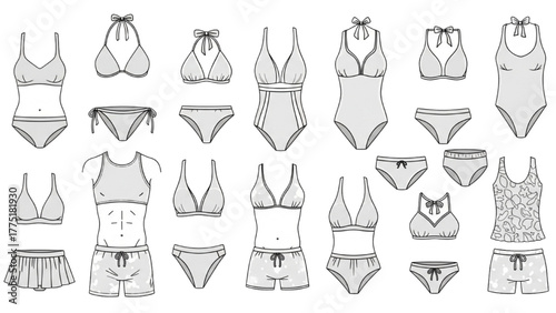 Collection of women's swimwear and beachwear items outlined on a white background
