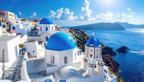 Iconic White Buildings with Blue Domed Churches Overlooking the Aegean Sea Under a Bright Sunny Sky in Oia Santorini Greece
