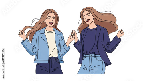 Two young happy women friends celebrating and cheering with hands in the air