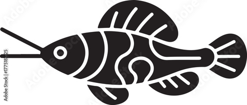 Black fish vector icon featuring a stylized aquatic creature with an elongated snout and striped body design.