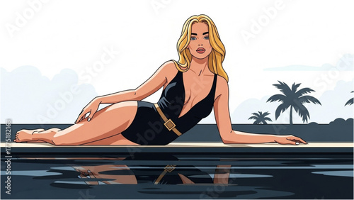 Blonde Model in Black Swimsuit Poolside with Palm Trees Illustration