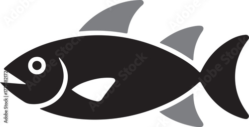 Black fish vector icon featuring light gray fins in a clean minimalist graphic style isolated on black