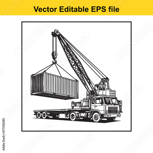 Crane truck lifting shipping container