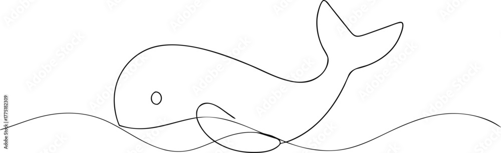 Fototapeta premium Single line drawing of a whale in wavy water ocean