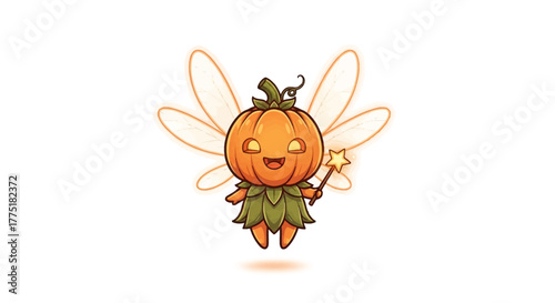 Adorable pumpkin fairy with magic wand brings whimsical Halloween charm, perfect for invitations, seasonal greetings, or children's illustrations