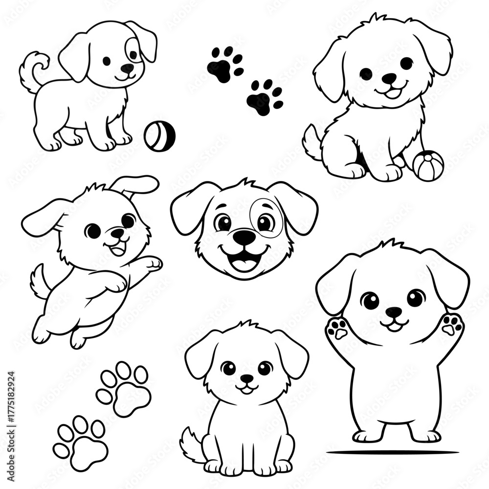 Obraz premium Adorable cartoon puppy drawings evoke happy, playful vibes, perfect for children's illustrations, pet-themed designs, and charming storybooks for kids