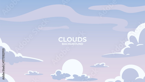 Soft cloudy sky background with pastel colors and dreamy atmosphere. Flat anime-style landscape for calm sunset or fantasy nature illustration.