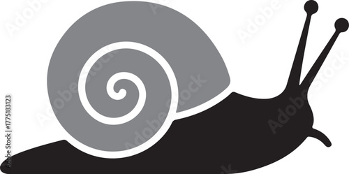 Snail vector illustration with grey shell and dark body isolated on a black background