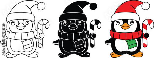 Christmas penguin with santa hat and candy cane set, black outline, silhouette and flat colored design.