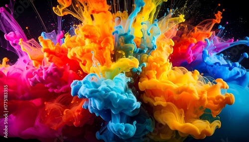 An abstract and dynamic explosion of vibrant colored ink swirling and mixing together in a fluid motion against a dark background
