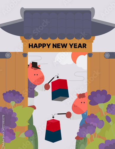 Horses with Korean Lanterns and Peony Flowers at Hanok Gate