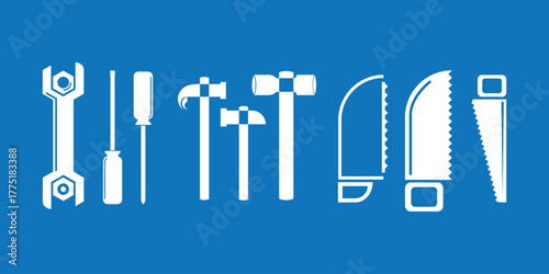 Vector illustration of several carpentry tools with a blue background.