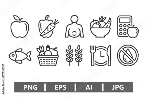 Healthy diet and lifestyle icons isolated on white background for health and wellness