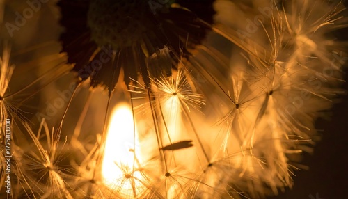 Macro photography of a dandelion seed head illuminated by a bright, warm light source, creating a glowing effect