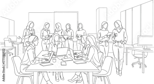Office teamwork illustration—ten professional women using laptops, tablets, and documents in collaborative workspace, black-and-white line art vector