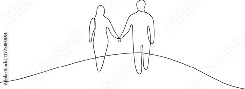 Two figures holding hands in continuous line art couple