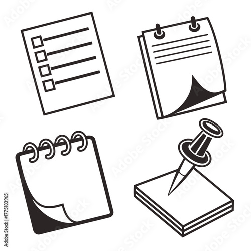 Collection of stationery icons, including notepad, checklist, and pushpin