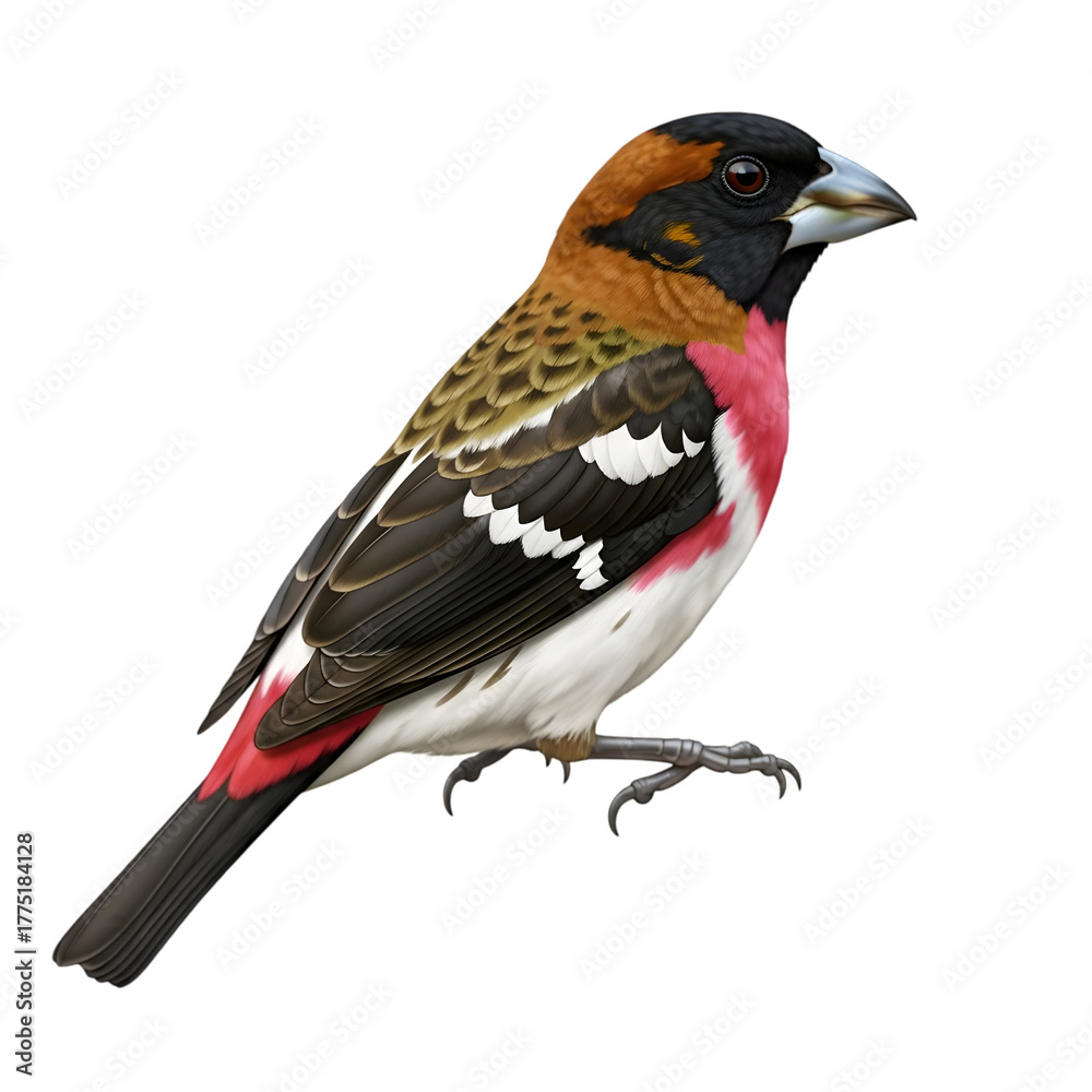 Obraz premium Detailed image of a male Rose-breasted Grosbeak bird showcasing its vibrant pink, black, and white plumage.