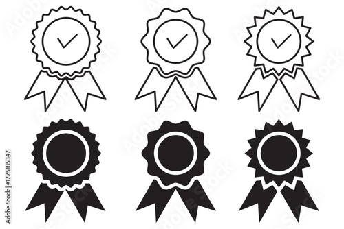 Badge with ribbon icon collection. Ribbon, Badges with star, Tick mark symbol. Vector Illustration.