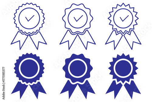 Badge with ribbon icon collection. Ribbon, Badges with star, Tick mark symbol. Vector Illustration.
