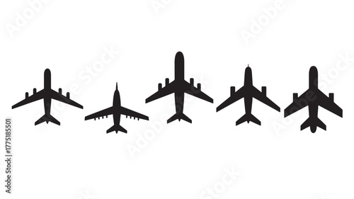 Set of airplane silhouette icons simple flat vector design elements for travel and transportation isolated on white background
