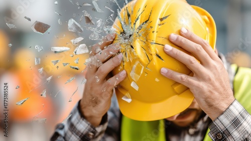 A construction worker injured by falling debris wearing a hard hat with glass explosion. Safety first at the job. Impact and danger at site.