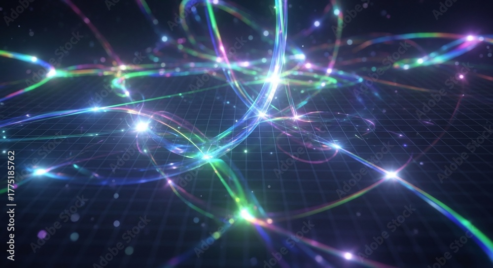 Fototapeta premium Vibrant Glowing Light Trails on Digital Grid