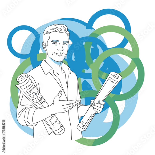 Confident architect presents a sustainable project holding blueprints. A vector illustration with a background of green and blue circular patterns