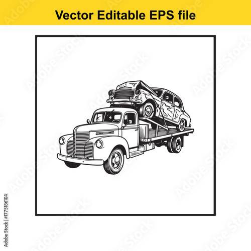 Vintage tow truck carrying a classic car on its flatbed