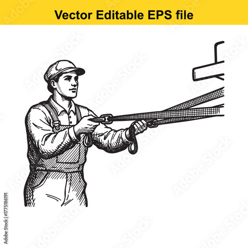 Man in overalls and cap holding straps with buckles