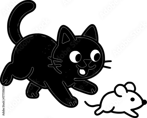 Black cat cartoon chasing white mouse suitable for childrens book illustrations, greeting cards, halloween designs, and social media graphics.