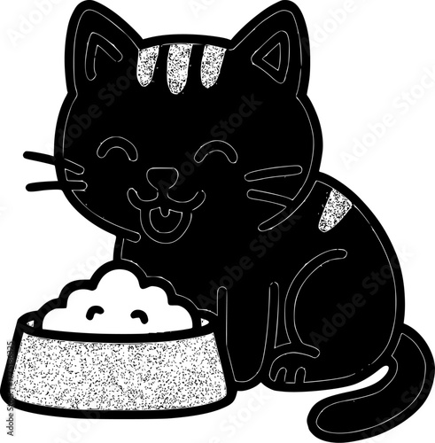 Black cartoon cat near food bowl suitable for pet care products, veterinary services, and animal shelter promotions. Cat illustration for pet businesses.