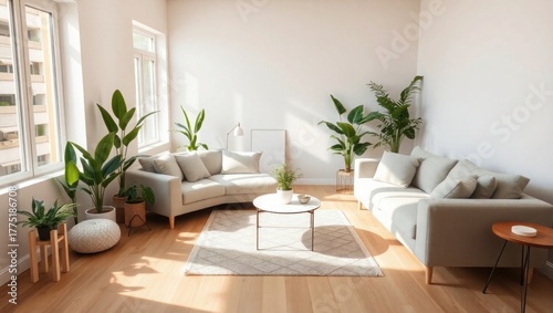 Bright modern living room with plants and natural light