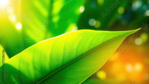 Vibrant green leaf backlit by warm sunlight, nature's beauty