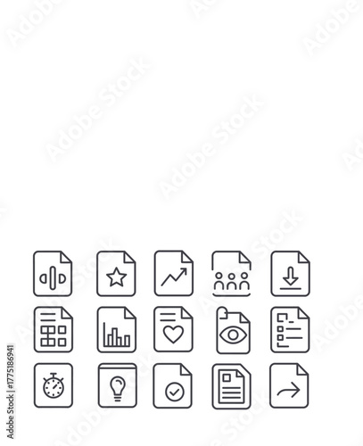 Set of minimal line icons for file analytics: track document usage, file access trends, popular files, and open statistics — ideal for UI/UX, software, and business analytics design.rk