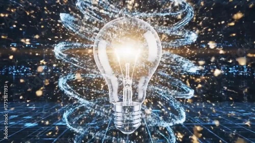 Glowing Data Streams Converge into Light Bulb Representing Creativity and Innovation