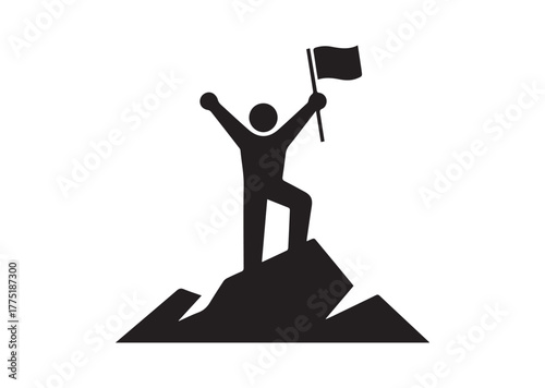 A person standing on top of a mountain with a flag Icon, A person standing on top of a mountain with a flag Black Vector