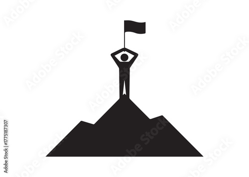 A person standing on top of a mountain with a flag Icon, A person standing on top of a mountain with a flag Black Vector