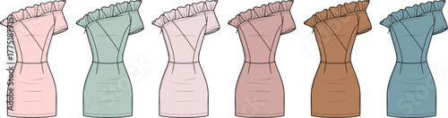 Set of one-shoulder ruffle mini dresses in various colors. Fashion technical flat sketch vector illustration template for apparel design