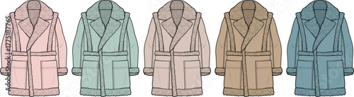 Fashion design collection of classic women's overcoats in a soft pastel color palette. Technical flat sketch set for apparel