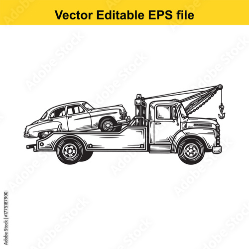 Flatbed tow truck carrying a classic car, vintage vehicle transport