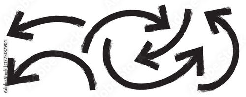 Set of hand drawn arrows. Curvy, wavy arrows. Hand drawn brush arrow set with crayon texture - curved and straight. Bold brush drawn arrows. marker drawn bold arrows set. Doodle arrow icon set. 