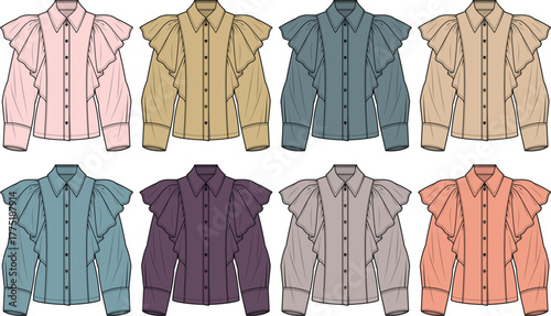 Elegant Ruffled Blouses in Pastel and Deep Tones for Fashion Design and Textile Mockups