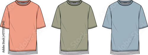 Fashion technical flat sketch of an oversized short sleeve t-shirt with a layered double hem. Vector illustration template set showing three color options for apparel design and clothing mockups