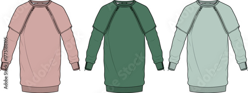 Set of oversized sweatshirt dress fashion flats with layered raglan sleeves. Technical vector sketch of casual apparel design