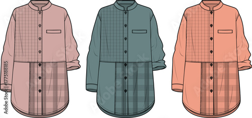 Fashion illustration of a stylish long-sleeved collared shirt with plaid and solid paneling in three color options