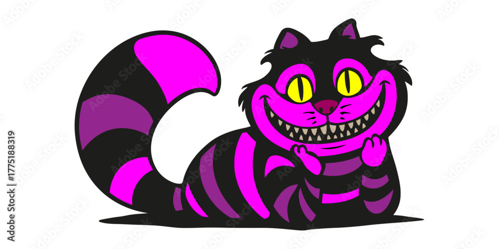 Naklejka premium A cat with a wide smile and bared teeth, a fabulous tabby cat. Vector illustration on a transparent background.