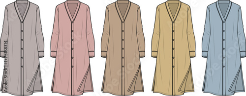 Fashionable Long Button-Down Cardigans Stylish Apparel Vector Illustrations in Various Colors